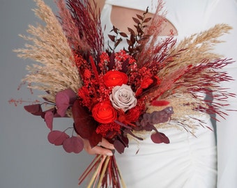 Burgundy Red Dried Flower Wedding Bouquet, Boho Bridal Bouquet