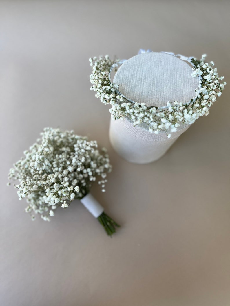 Flower girl bouquet and crown, babys breath bouquet, babys breath crown image 2