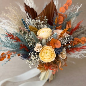 Rust Dusty Blue Boho Bouquet, Colorful Bridal Bouquet, Orange Navy Blue Wedding Bouquet, Orange Blue Bouquet, Terracotta Bouquet, Boho Bride