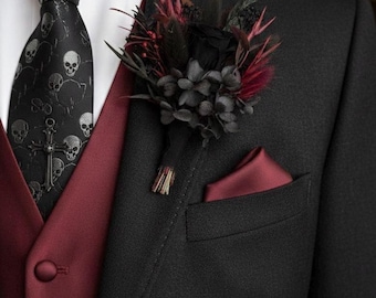 Burgundy Black Dried Boutonniere, Preserved Rose Groom Corsage, Gothic Wedding Suit Flower Accessories