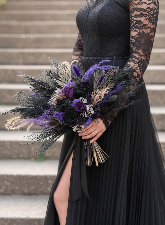 Victorian Gothic Wedding Bouquet, Black and Dark Purple Elopement Flowers
