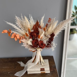 Rust Orange Dried Flower Wedding Bouquet, Terracotta Bridal Bouquet, Boho Fall Wedding Flowers, Preserved Flowers Keepsake