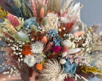 Boho Rustic Rainbow Bouquet, Colorful Bridal Bouquet, Summer Wedding Bouquet, Rust Blue Bouquet, Dried Bridal Bouquet,Spring Wedding Bouquet