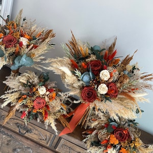 Terracotta Emerald Green Bouquet, Boho Wedding Flowers, Burned Orange Bridal
