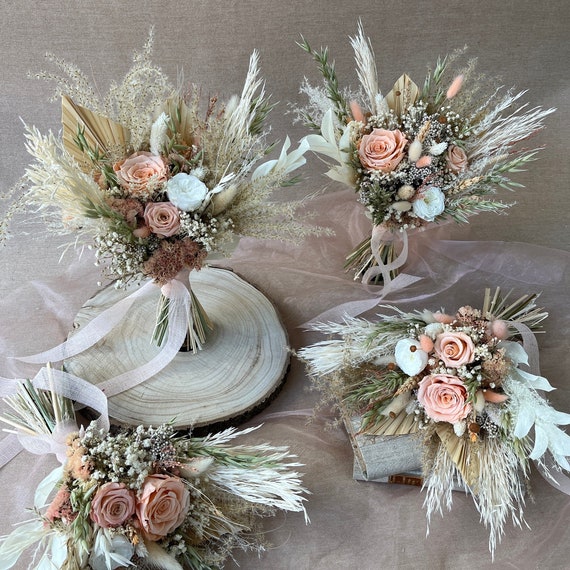 Bridesmaid Peach&white Bouquet, Dried Flowers Bouquet, Rustic