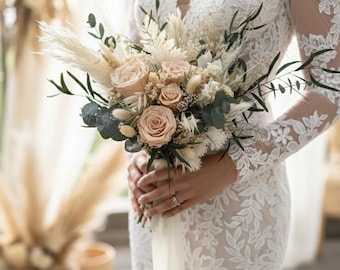Pfirsich Rose Brautstrauß, getrocknete Blumen, Boho Brautblumen
