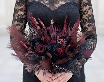 Burgundy Black Gothic Bridal Bouquet, Dried Wedding Flowers