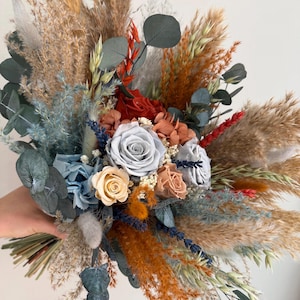 Boho Dried Wedding Bouquet Terracotta and Dusty Blue | Fall Bridal Flowers with Pampas, Eucalyptus, Thistle | Rustic Keepsake Bouquet