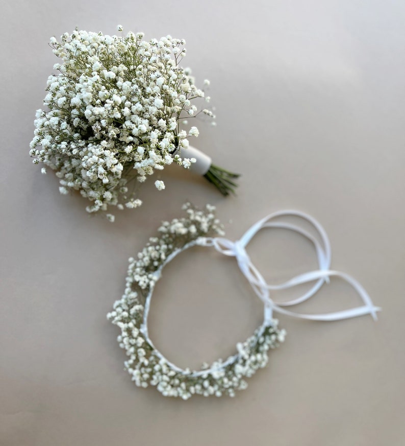 Flower girl bouquet and crown, babys breath bouquet, babys breath crown image 3