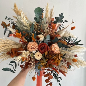 Rost Terrakotta Salbei Grün Trockenblumen Bouquet Pampasgras Hochzeitsstrauß Hochzeit im Herbst Boho Brautstrauß für Braut Blumen Hochzeit Boho