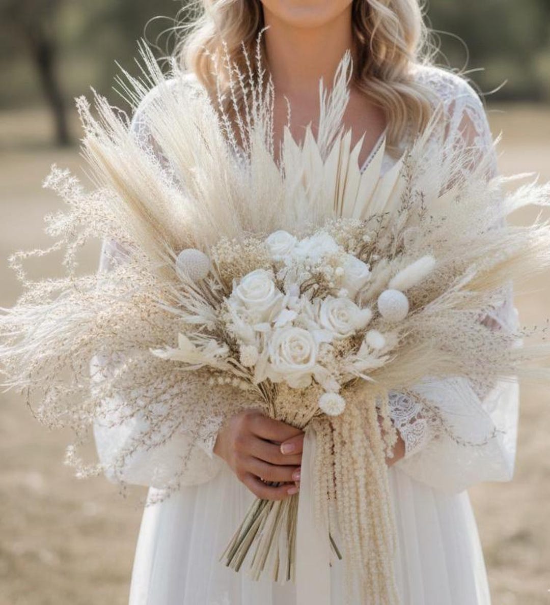 Ivory Bridal Bouquet With Preserved Roses, Champagne Boho