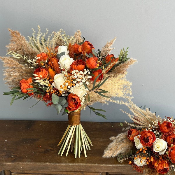 Ramo de naranja Boho ramo de novia flores de seda ramo de flores de boda rústicas ramo temático de otoño flores de boda de terracota para novia óxido