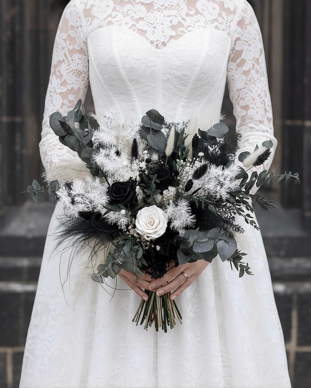 Black White Forest Green Wedding Bouquet, Gothic Bridal Flowers - Etsy