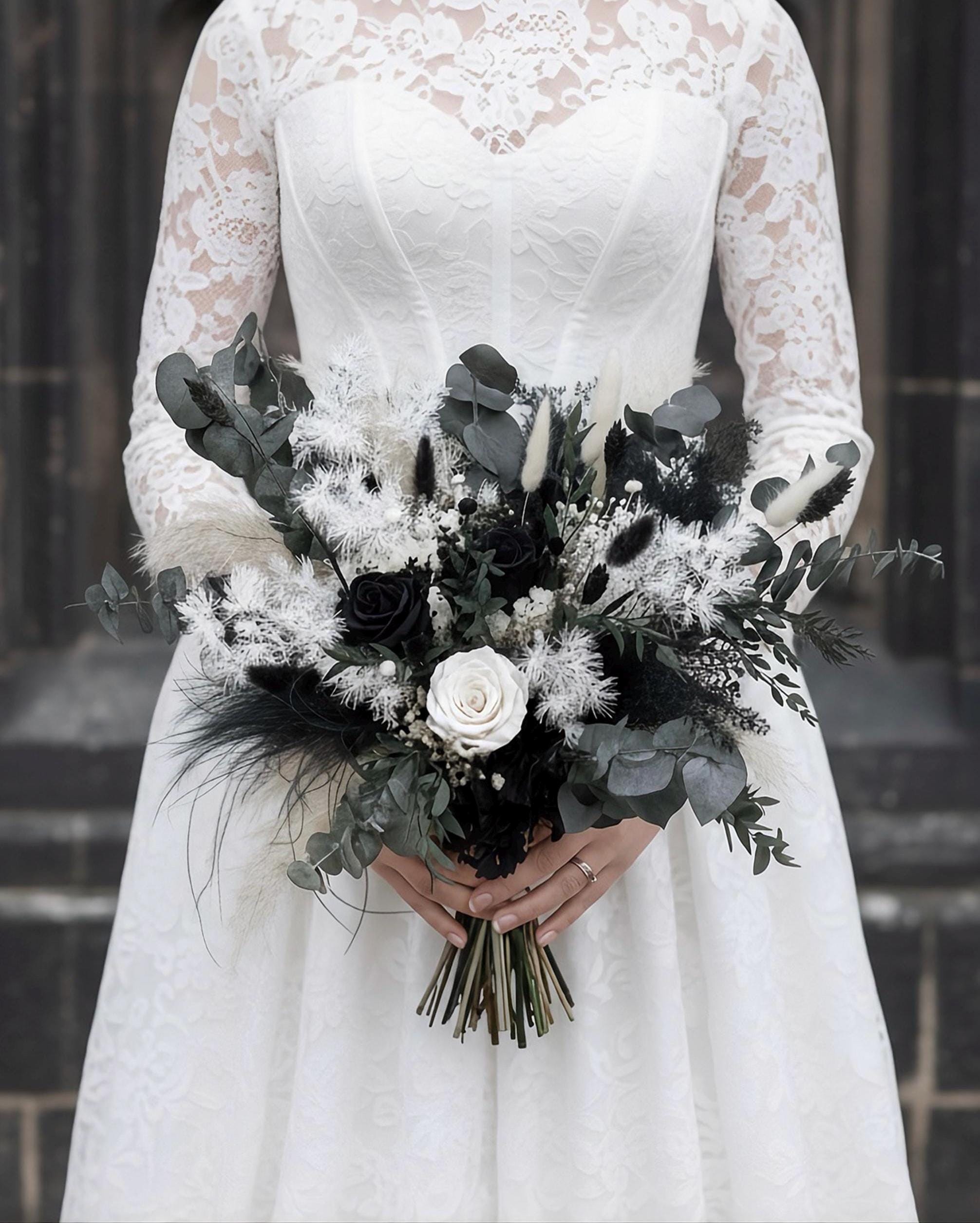 Black White Forest Green Wedding Bouquet, Gothic Bridal Flowers - Etsy