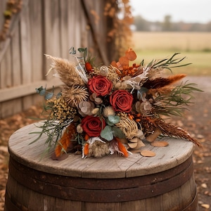 Ramo de flores secas de otoño de terracota / Eucalipto esmeralda, estilo rústico bohemio para boda otoñal