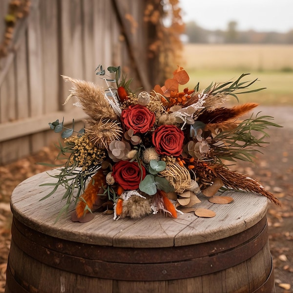 Ramo de flores secas de otoño de terracota / Eucalipto esmeralda, estilo rústico bohemio para boda otoñal