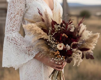 Burgundy Bridal Bouquet, Dark Red Boho Wedding Flowers