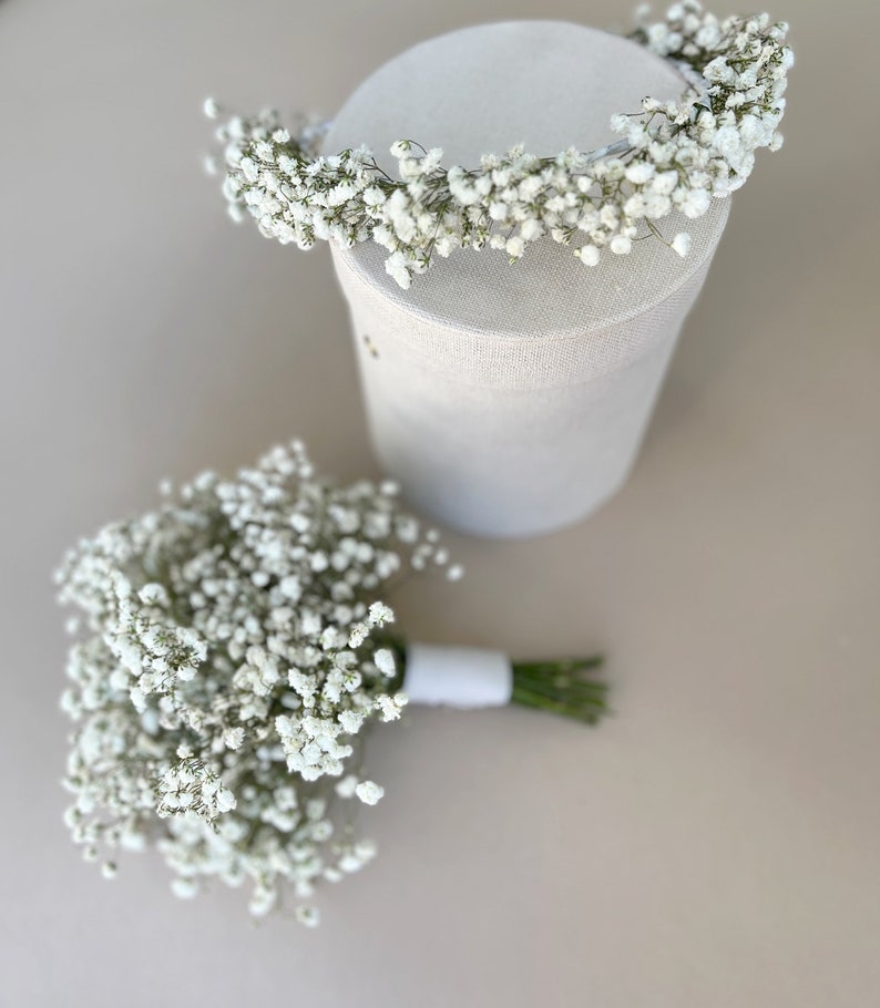 Flower girl bouquet and crown, babys breath bouquet, babys breath crown image 1