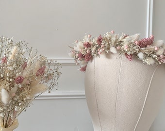 Pink and white dried flowers crown