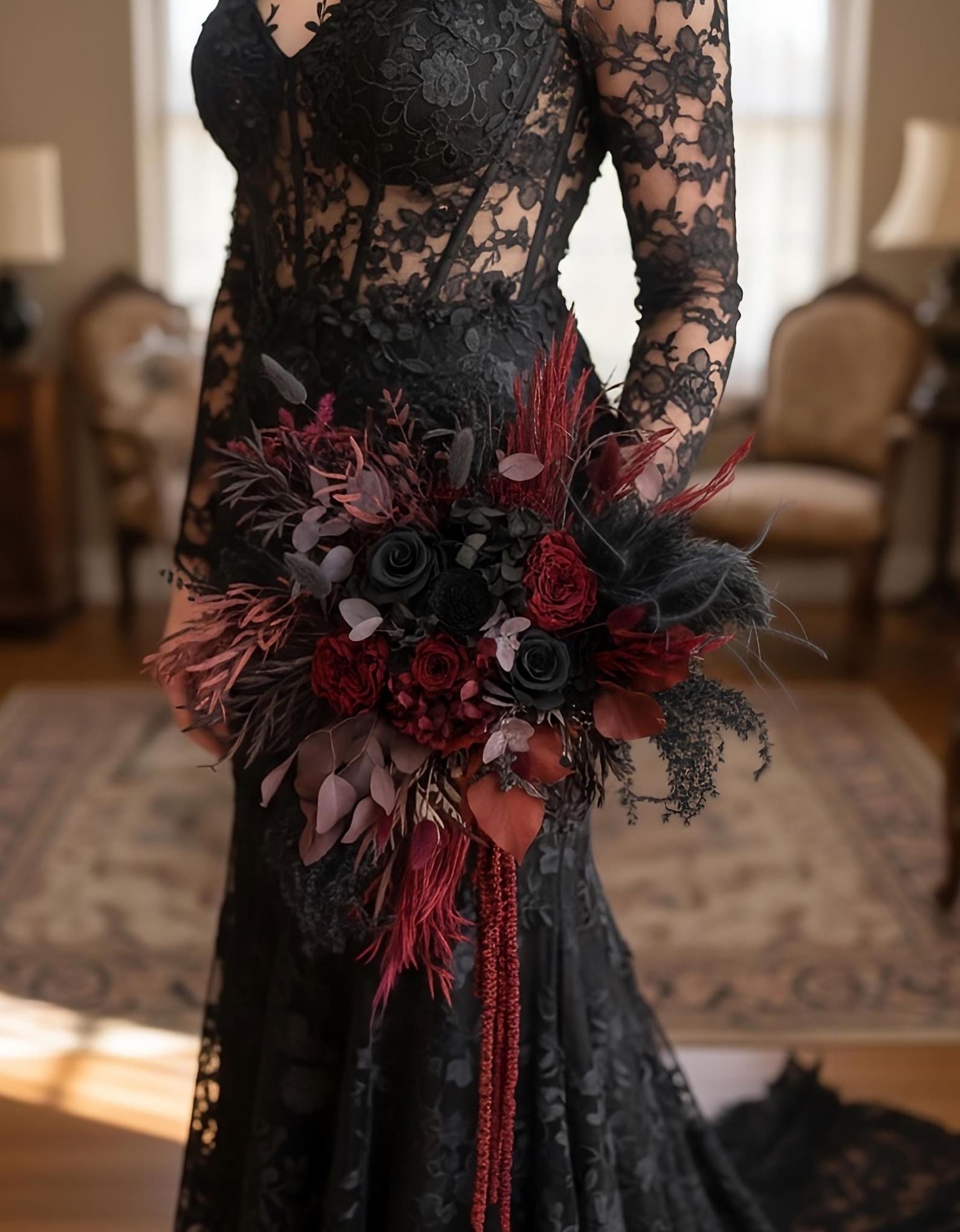 Cascading Black Burgundy Bridal Bouquet