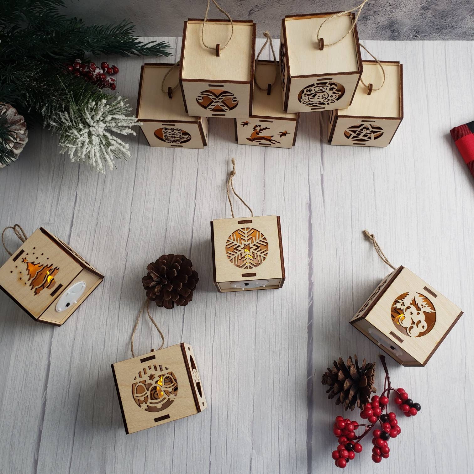 Tea Light Ornament Wooden LED Ornament Lantern Box Laser Etsy