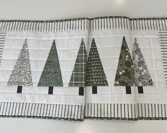 Christmas Quilted Table Runner--Sage Green Christmas Trees all in a row; Holiday Table Decor; Christmas Decor; Christmas Centerpiece