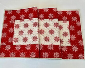 Quilted Christmas Table Runner -- Four Square Poinsettias with Red and Gold Metallic Fabric Borders (FREE SHIPPING)