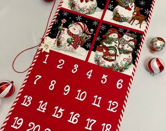 Countdown to Christmas Calendar with Snowmen Panels with Diagonal Red and White Stripe Binding