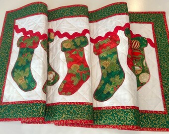 Christmas Quilted Table Runner --Large, Colorful Christmas Stockings;  Christmas centerpiece; holiday table decor
