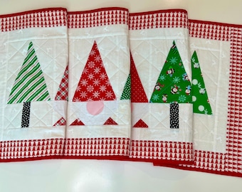 Christmas Table Runner--Forest of Green Christmas Trees and Festive Gnomes wearing red hats