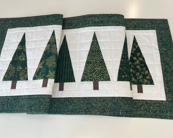 Christmas Quilted Table Runner--Forest of Green and Metallic Gold Christmas Trees; Holiday Table Decor; Christmas Decor