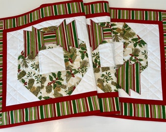 Christmas Quilted Table Runner; Large Christmas Wreaths with Striped Bows; Christmas centerpiece; holiday table decor