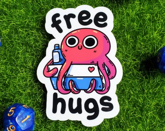 Free Hugs Octopus Sticker - Cute Kraken, Glossy Vinyl (3")