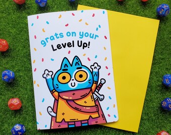 5x7 Level Up Adventurer Cat Birthday Card, Blank Inside