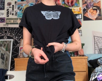 butterfly cotton T-shirt white ink on black