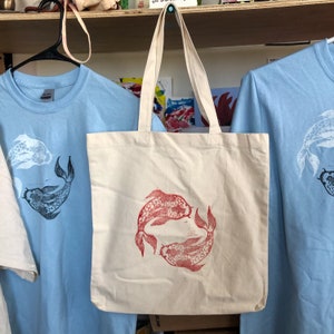 Red koi fish natural canvas tote