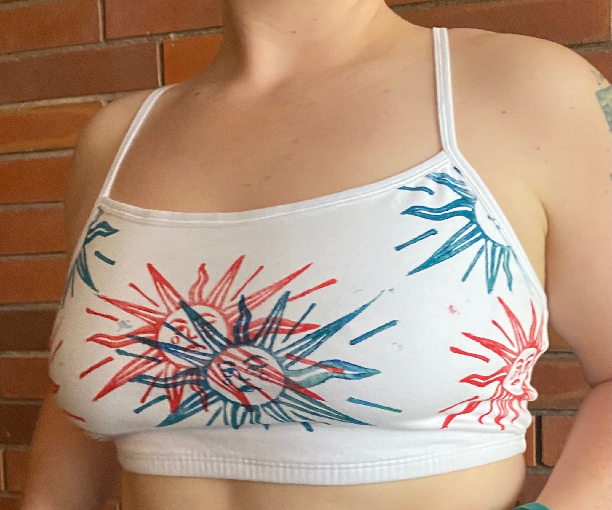 Sun glitch red/blue handmade white tank top/bra top printed
