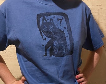 Black cat scary/creepy dark blue indigo cotton t shirt handmade linocut print