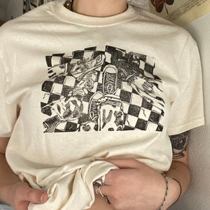 t shirt "kitchen shoes" handprinted block print cotton natural/beige