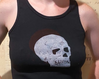 skull print in white/red ink on 100% cotton black tank top