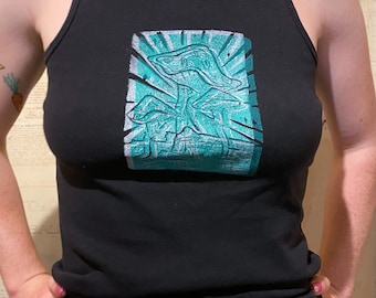 mushroom print in green/white ink on 100% cotton black tank top