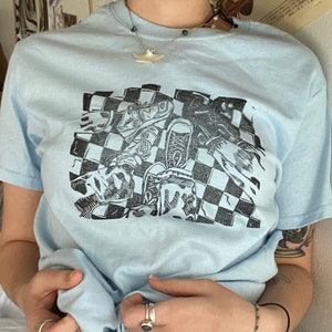 t shirt &quot;kitchen shoes&quot; handprinted block print cotton light blue