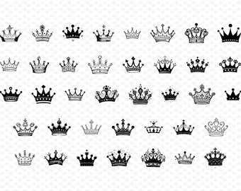 May include: A collection of 36 black and white crown illustrations. The crowns are drawn in a variety of styles, some with intricate details and others with simple designs.