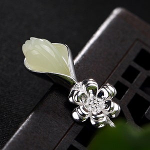 Nephrite Jade Flower Hairpin S925 Sterling Silver Magnolia - Etsy