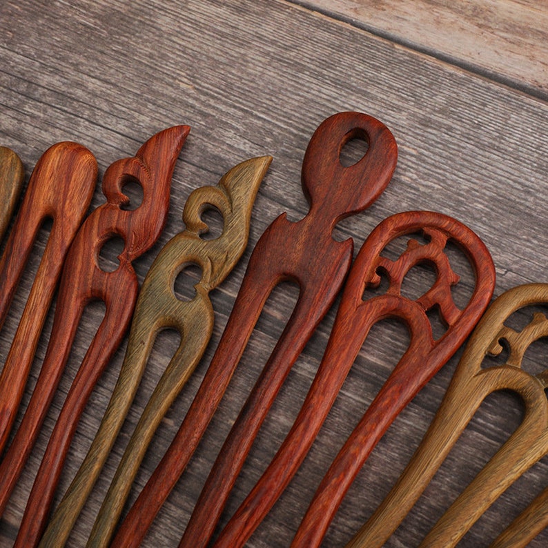 U shape hair fork fine carved sandalwood and Guaiac wood hair stick