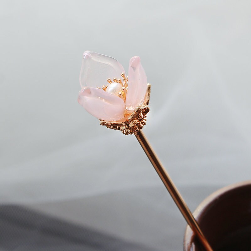 Pink Glaze Flower Hairpin Retro Fine Handmade Copper Hair | Etsy