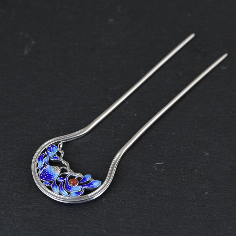 Cloisonne Flower Hair Fork Fine S925 Sterling Silver Hairpin - Etsy