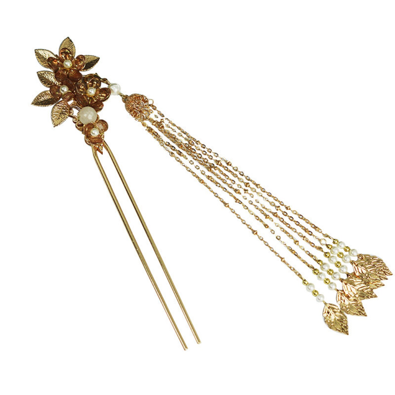 Long Tassel Hair Fork Gold Plated Copper Glaze Flower Hair Etsy