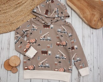 Children's sweater with construction vehicles made of brown summer sweat with construction vehicles, size 80 86 92 98 104 110 116 122 128 134