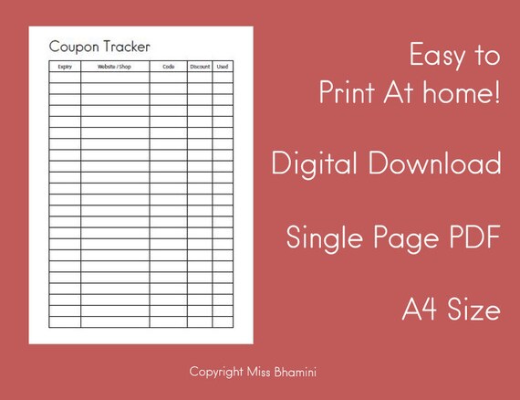 Printable Coupon Code Tracker, Coupons tracker, Coupon organizer, Printable  Minimalist Coupon Code Tracker, A4 Size coupon code organizer
